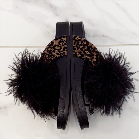 Aquazzura Boudoir Feather-Trimmed Black Animal Print Thong Sandals 7.5 - Picture 9 of 11